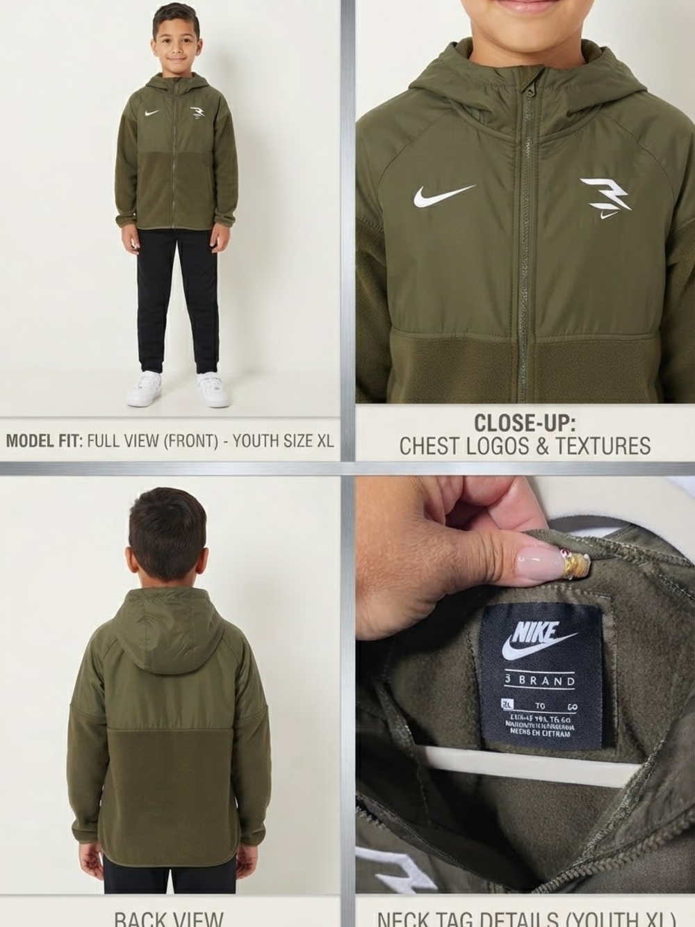 Nike Olive Green Hooded Youth Jacket with White Logos